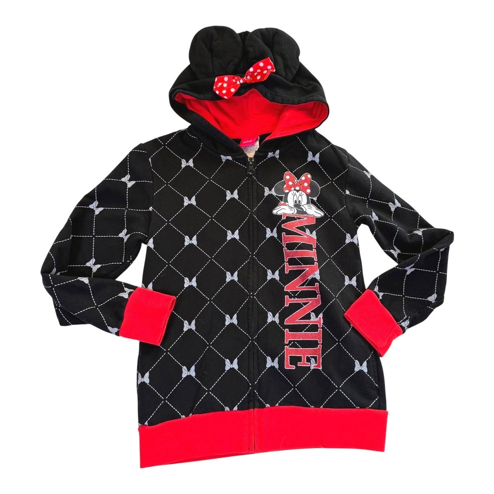 Disney Minnie Mouse Girls‎ Hoodie Size M 7/8 Zip Up Bow Ears Black Red